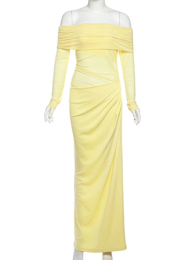Mesh Patchwork Slash Neck Ruched Dress
