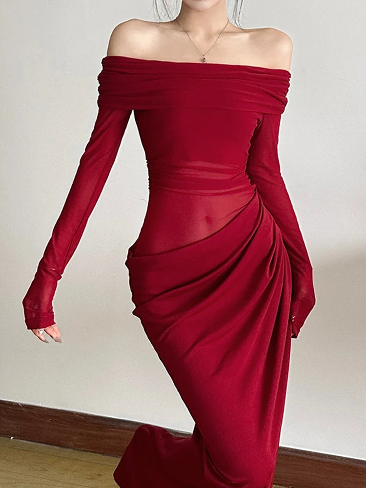 Mesh Patchwork Slash Neck Ruched Dress