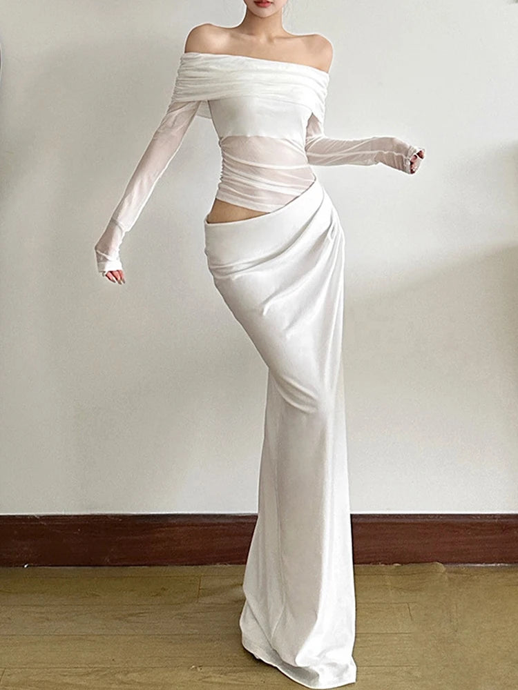 Mesh Patchwork Slash Neck Ruched Dress