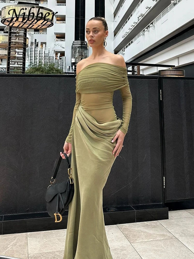 Mesh Patchwork Slash Neck Ruched Dress